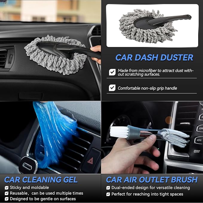 COOGEO 29Pcs Car Detailing Kit,Compelete Car Cleaning Kits Interior Cleaner with Detailing Brushes,Drill Brush Heads,Car Wash Kit with Cleaning Gel,Wash Mitt,Car Hooks,Car Care Gift for Men