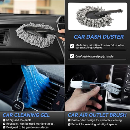 COOGEO 29Pcs Car Detailing Kit,Compelete Car Cleaning Kits Interior Cleaner with Detailing Brushes,Drill Brush Heads,Car Wash Kit with Cleaning Gel,Wash Mitt,Car Hooks,Car Care Gift for Men
