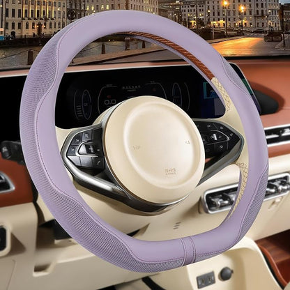 14 inch D Shaped Steering Wheel Cover for Prius Civic, Nappa Microfiber Leather Non-Slip Breathable Fabric, Warm in Winter and Cool in Summer, Purple Small 13.5 inch to 14 inch