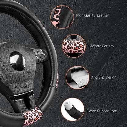 Road Comforts Steering Wheel Cover - Made with PVC Leather and Leopard Fabric - Universal 14 1/2 inches to 15 inches for Most Automotive Steering Wheel - Cheetah Print - Pink Leapord
