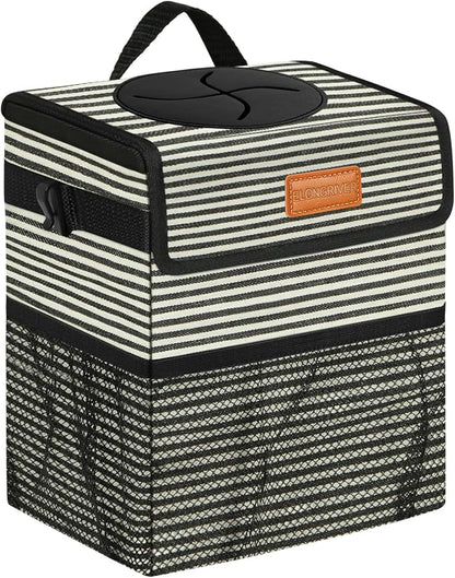 ELONGRIVER Car Trash Can for Car with Lid, Car Organizer Can Trash Bag Hanging Leak Proof Vehicle Trash Can (Stripe Print, 2 Gallons)