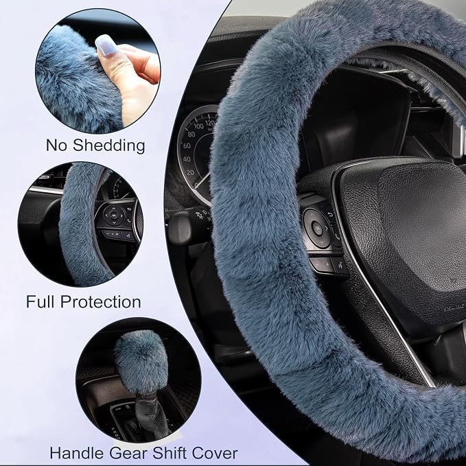 SEG Direct Furry Car Steering Wheel Cover with Fluffy Gear Shift Cover Soft Warm Non-Slip Car Decoration for Men Women Girls 2 PCS Set, Blue Gray