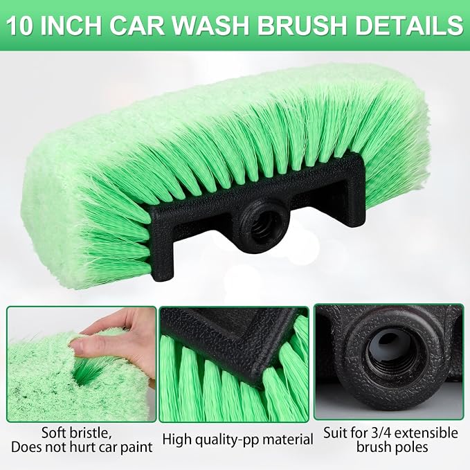 Vesici 1 Pcs Car Wash Brush Head with Soft Detailing Bristle Flow Thru Car Cleaning Brush Exterior Cars Wash Equipment for Auto Truck RV Boat Camper Washing, 10 Inch (Green)