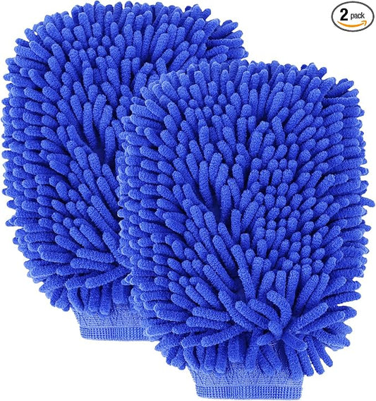 wuyaoyao 2PCS Car Wash Mitt, 10.14"×7.12" Chenille Microfiber Car Wash Mitts, Scratch-Free & Lint-Free, Absorbent Double Sided Clean Glove for Cars Cleaning, Auto Cleaning Supplies (Dark Blue)