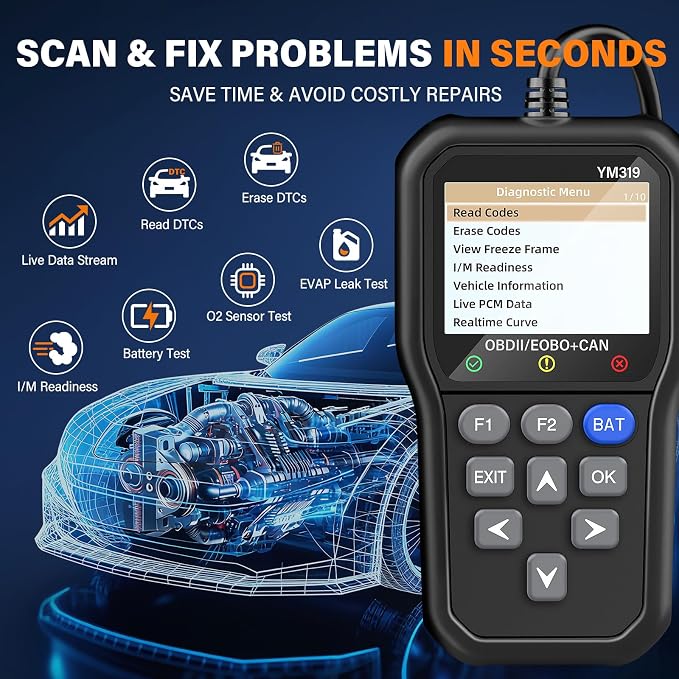 BluSon YM319 OBD2 Scanner Diagnostic Tool with Battery Tester, Check Engine Fault Code Reader with Live Data, Cloud Printing, DTC Lookup, Freeze Frame, Scan Tool for All OBDII Protocol Cars Since 1996