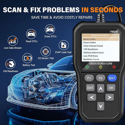 BluSon YM319 OBD2 Scanner Diagnostic Tool with Battery Tester, Check Engine Fault Code Reader with Live Data, Cloud Printing, DTC Lookup, Freeze Frame, Scan Tool for All OBDII Protocol Cars Since 1996