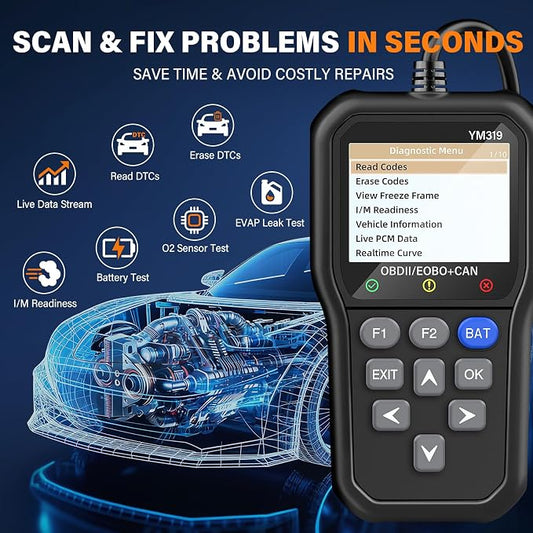 BluSon YM319 OBD2 Scanner Diagnostic Tool with Battery Tester, Check Engine Fault Code Reader with Live Data, Cloud Printing, DTC Lookup, Freeze Frame, Scan Tool for All OBDII Protocol Cars Since 1996