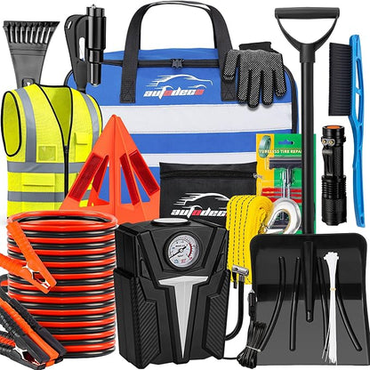 Roadside Emergency Car Kit Winter Road Trip Assistance Vehicle Safety Kit with Air Comperss, Detachable Snow Shovel, Jumper Cables, Tow Strap