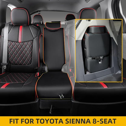 Custom Fit Sienna Seat Covers for 2021-2026 Toyota Sienna LE XLE 8-Passenger, Waterproof Faux Leather Full Set Airbag Compatible 3-Row Car Seat Protectors (Black+Red)