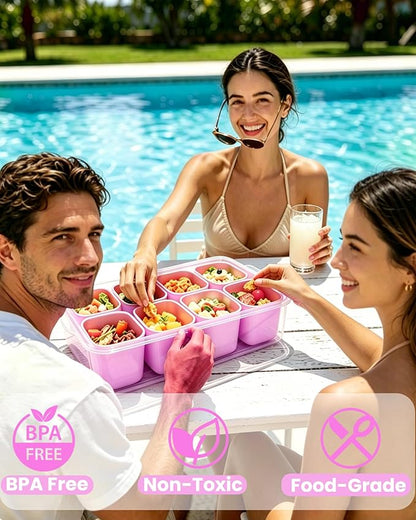 Snackle Box Container, Stainless Steel Divided Serving Tray with Lid and Handle, Large Snack Tray for Fruit Veggie Candy, 8-Compartment Snack Platter for Travel Beach Picnic,with Pink Silicone Sleeve