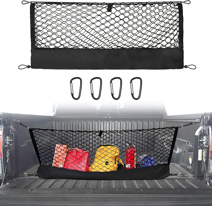 Truck Bed Cargo Net for Toyota Tacoma 2005-2024, Envelope Style Pickup Cargo Net with Storage Bag, Heavy Duty Elastic Mesh Organizer with Carabiners, Secures Groceries & Gear