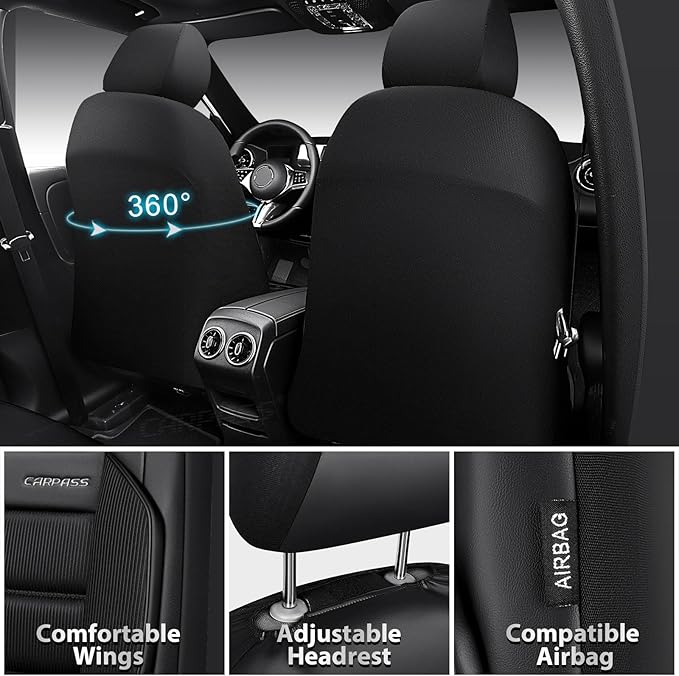 CAR PASS Memory Foam Seat Covers Full Sets, Airy Cool Mesh Thick Car Seat Covers, Leather Car Seat Covers 5 Seats Airbag Compatible, Universal Automotive Comfort for Most Cars, Trucks, SUV, Black