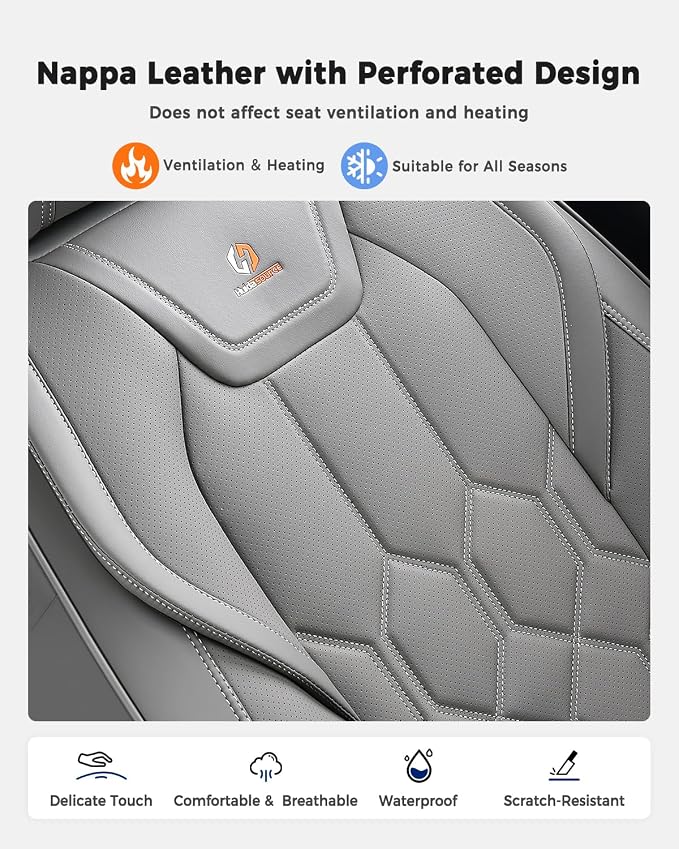 Huidasource Seat Covers Full Set, Universal Fit for Most Cars SUVs Trucks, Full Coverage Waterproof Leather Car Seat Cover, Airbag, Cupholder Compatible, Seat Function Retain, Velcro Adjustable, Gray