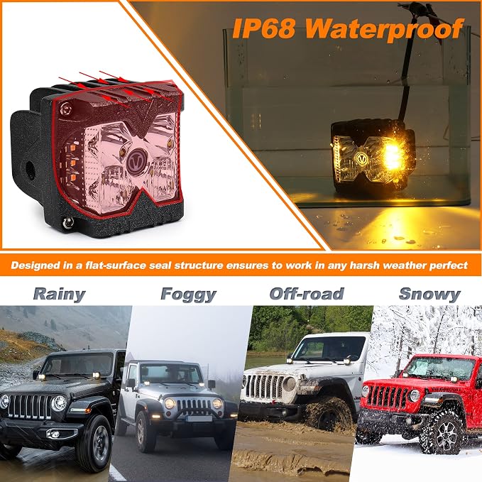 MOVOTOR Side Shooter LED Pods Amber Strobe Driving Lights for Truck,4X4,ATV | IP68 Waterproof,Solid & Strobe Amber,6500K White / 3500K Amber Combo Beam,Alum Housing,Adjustable Bracket,Fit Jeep UTV,2 PCS