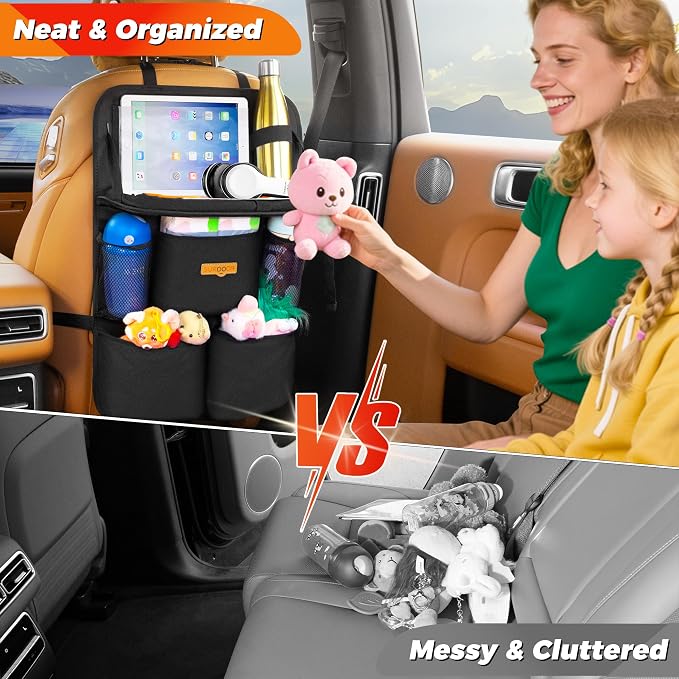 SURDOCA Backseat Car Organizer with Foldable Tray for Kids & Adults – NEW MODEL Seat Storage with Touchable Tablet Pocket, Roadtrip Essentials – Fits Most Vehicles