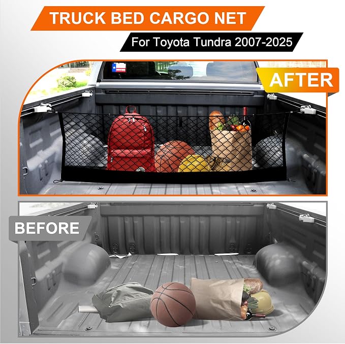 Envelope Style Truck Bed Cargo Net Compatible with Toyota Tundra 2007-2024 2025,Highly Elastic Truck Cargo Net for Tundra Accessories, Upgraded Storage Bag & Heavy Duty Carabiners
