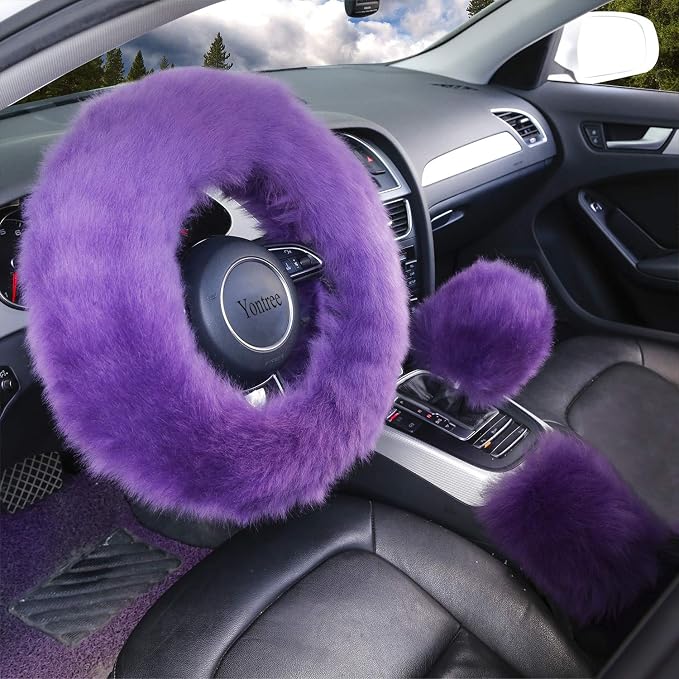 Yontree Fashion Fluffy Steering Wheel Covers for Women/Girls/Ladies Australia Pure Wool 15 Inch1 Set 3 Pcs (Purple)