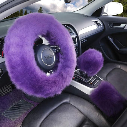 Yontree Fashion Fluffy Steering Wheel Covers for Women/Girls/Ladies Australia Pure Wool 15 Inch1 Set 3 Pcs (Purple)
