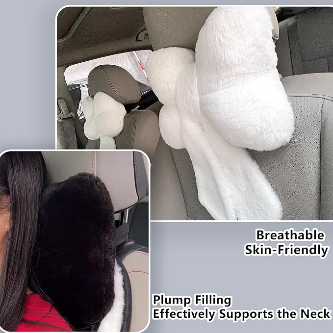 Car Neck Pillow 2PCS Plush Bowknot Car Headrest Pillow – Comfortable Neck Support for Driving Soft Touch Fabric Car Pillow Cute Interior Decor (Black)