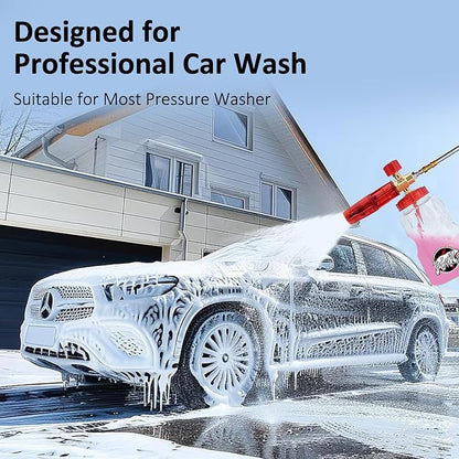 BEAR FORCE Pressure Washer Brass Foam Cannon Foam Generator Snow Foam Lance with 1/4” Quick Connector & 1.25mm & 1.10mm Orifice Nozzle, 360° Adjustable Thicker Snow Foam with 32 oz Soap Car Wash