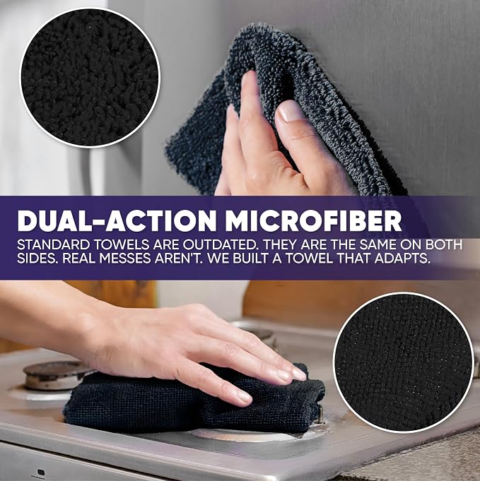 Microfiber Wholesale Pronto Cloths, Dual-Sided Microfiber Cleaning Towels, Soft Plush & Scrub Cloths for Dusting, Scrubbing, Kitchen, Windows & Car Detailing, Absorbent Bulk 50-Pack Black