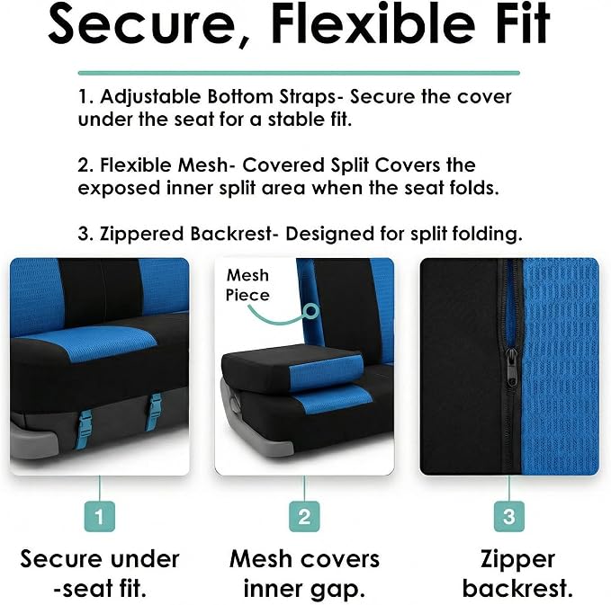FH Group Automotive Seat Cover Trendy Elegance for Back Seat Blue Car Interior Accessories for SUV, Sedan & Van Universal Fit Combo Rear Seat Cover Split Bench Car Seat Protector for Dogs and Kids