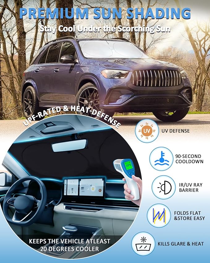 Sun Shade for GLE 350 450 Windshield Sunshade fit 2020 2021 2022 2023 2024 2025 2026 Mercedes GLE 350 450 Accessories Front Window Cover Shield Car Visor Protector Block UV Ray Heat
