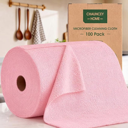 Microfiber Cleaning Cloth Roll - 100 Pack Tear Away Microfiber Paper Towels, Reusable, Washable, Scratch-Free, Kitchen Towels for Car, Home, Kitchen, Glass, Dishes(Pink)