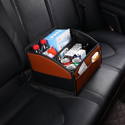 [2025 UPDATED] Leather Car Seat Organizer, Foldable Storage Box for Front Seat, Back Seats & Floor – Removable Divider, Metal Handle, Adjustable Anti-Slip Strap for Kids & Adults (Black & Brown)