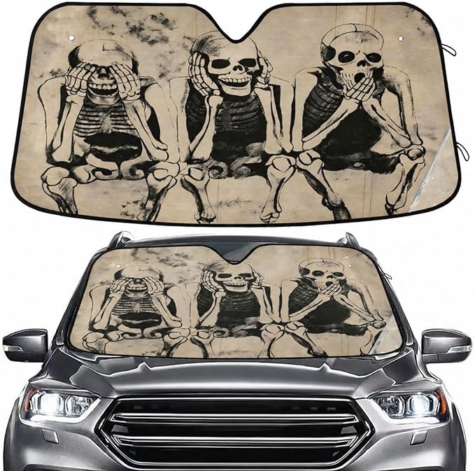 Windshield Sun Shade Shabby Skull Skeletons Front Window Block UV Shades Visor Reflective Retractable for Car SUV Trucks
