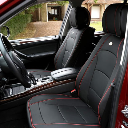 FH Group Ultra Comfort Highest Grade Faux Leather Full Set Car Seat Cushions– Universal Fit for Cars Trucks & SUVs (Black Red Trim)