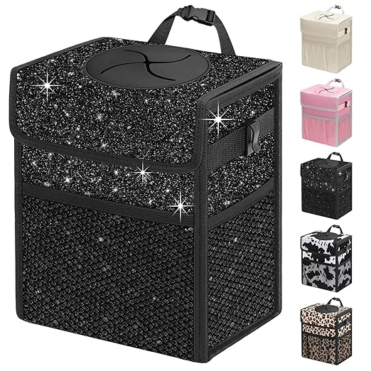 Capolo Car Trash Can with Lid, Leakproof Car Trash Bag Hanging Waterproof Automotive Garbage Can with Storage Pockets Mini Vehicle Trash Bin for Back/Front Seat(Sparkly Black,3 Gallon)