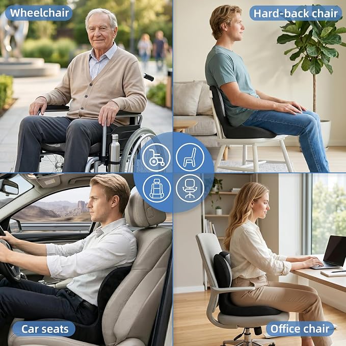 Memory Foam Seat Cushion,Orthopedic Ergonomic Seat Cushions for Tailbone,Sciatica, and Back Pressure Relief,L-Shaped Design & Adjustable Strap,Lumbar Support Pillow for Office,Car,Desk Chair