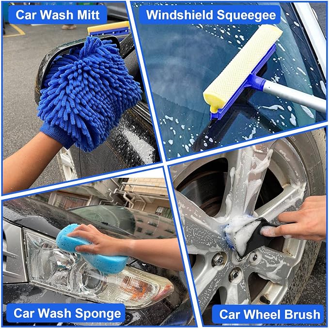 21Pcs Car Wash Kit,62" Car Wash Brush Mop with Long Handle,Car Cleaning Kit,Car Detailing Brush Set,Car Wash Bucket with Filter,Windshield Window Squeegee for Cars RV Truck Boat (Blue)