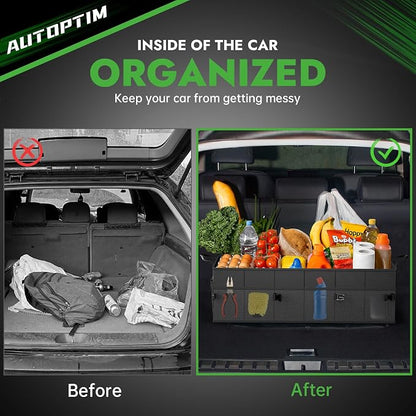 AUTOPTIM Car Trunk Organizer - 85L Collapsible Car Organizer with Non Slip Bottom & Multiple Pockets for Groceries, Trunk Storage with Base Panel for SUV Sedan Van, 3 Compartments (Black, Large)