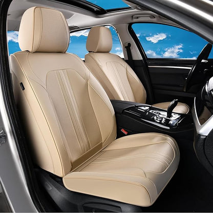 Huidasource Beige Front Seat Cover, Luxury Faux Leather Front Car Seat Cover, Compatible with Airbags, Seatbelt Buckles, Perforation Cooling＆Heating, Universal Fit for Most Cars Vans Trucks SUVs Beige