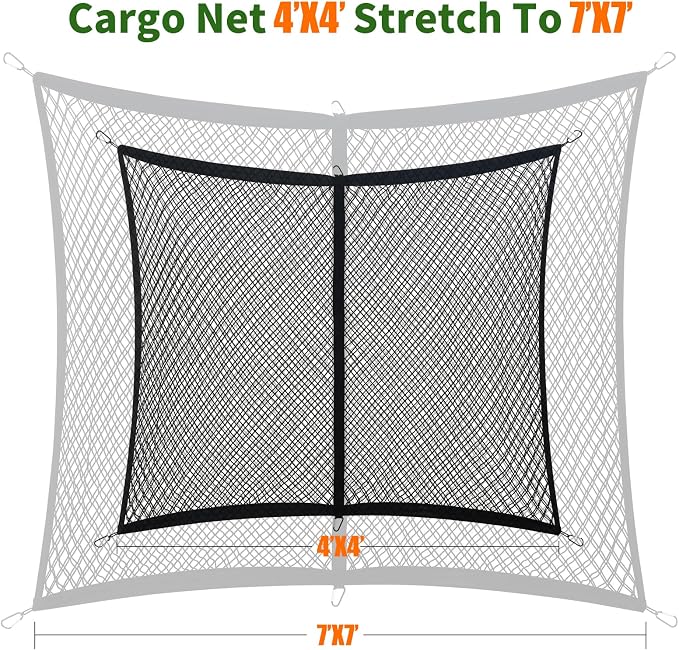 Double Layer Cargo Net for Pickup Truck Bed, Stretchable 4"x4" to 7"x7", Highly Elastic Truck Bed Net with 6 Metal Carabiners, Suitable for Daily Light Loads of Trucks, Vans and SUVs