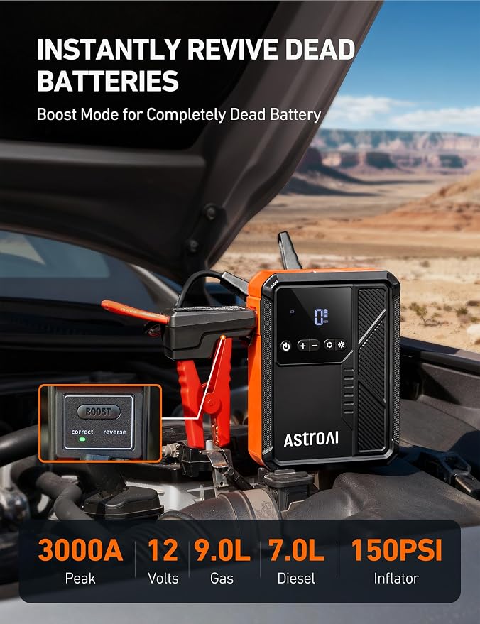AstroAI Beta822 3000A Jump Starter with Air Compressor, 150PSI Portable Tire Inflator with Auto-Shutoff, 12V Car Battery Booster (9.0 Gas/7.0L Diesel) with LED Light and Jumper Cables, Black
