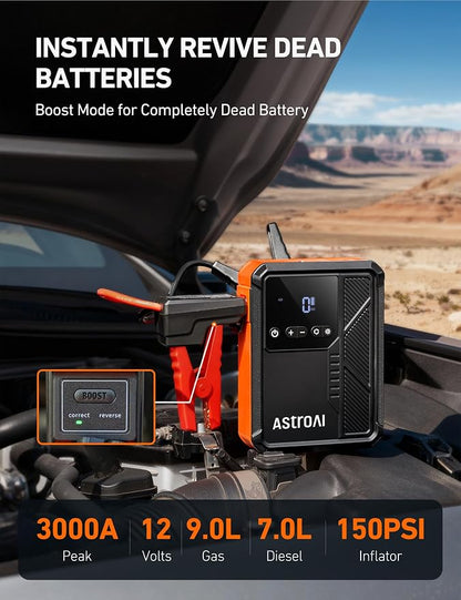 AstroAI Beta822 3000A Jump Starter with Air Compressor, 150PSI Portable Tire Inflator with Auto-Shutoff, 12V Car Battery Booster (9.0 Gas/7.0L Diesel) with LED Light and Jumper Cables, Black