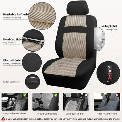 CAR PASS Car Seat Covers Front Seats Only, 3D Air Mesh Car Seat Cover with 5mm Composite Sponge Inside,Airbag Compatible Universal Fit SUV,Vans,sedans, Trucks, Automotive Interior Covers(Black Beige)