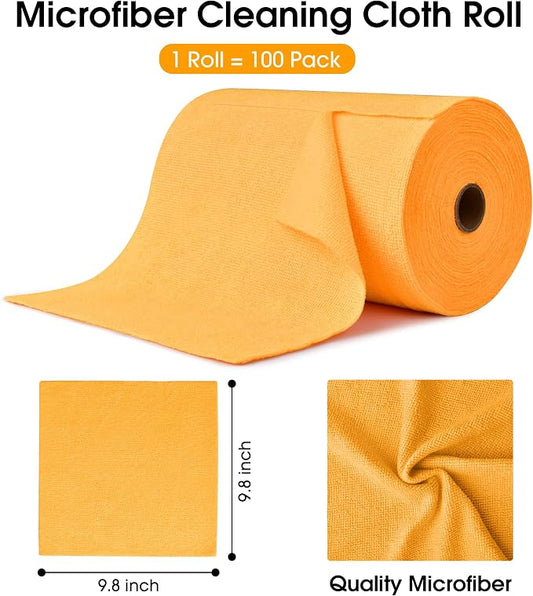 Microfiber Cleaning Cloth Roll–100 Pack, Tear Away Microfiber Towels, Reusable, Washable, Scratch-Free, Kitchen Towels for Car, Home, Kitchen, Glass, Dishes(Tangerine Yellow)