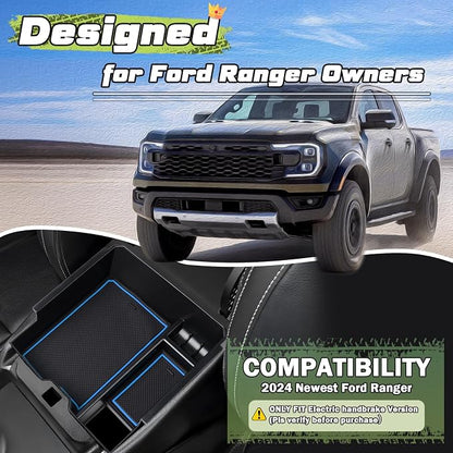 Sunsdrew Center Console Organizer Compatible with 2024-2026 Ford Ranger, Armrest Storage Box Insert with 2 Color Mats, Ford Ranger Accessories - ONLY FIT Electric Handbrake Version