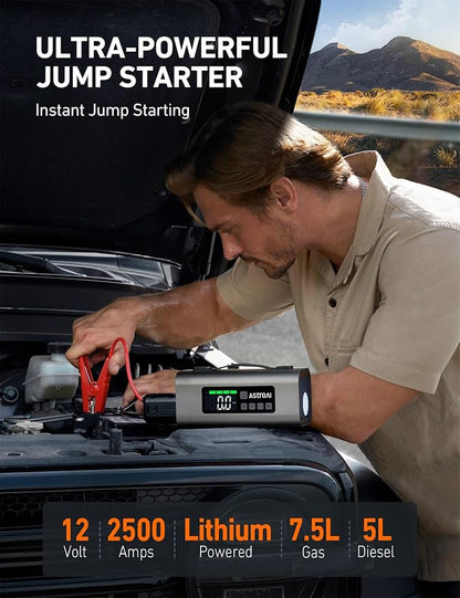 AstroAI 2500A Portable Car Battery Jump Starter with 150PSI Air Compressor 30W Quick Charger, 14800mAh Jump Box (7.5L Gas & 5.0L Diesel) 12V Jump Box with Booster, LED Light, Jumper Cables