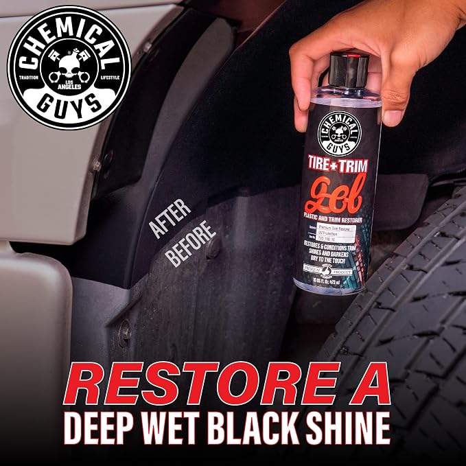 Chemical Guys Tire And Trim Gel For Plastic And Rubber, Restores Faded Tires, Trim, And Bumpers, Enhances Shine And Protection, Safe For Cars, Trucks, SUVs, Motorcycles, RVs & More, 16 Fl Oz