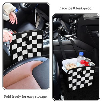 Car Trash Can Car Organizer Car Garbage Can with Adjustable Strap for Back Front Seat Console Waterproof Leakproof Collapsible Portable 8.66 Inch Checkerboard
