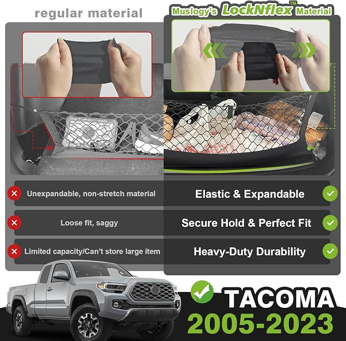 Muslogy Truck Bed Cargo Net Trunk Netting Compatible with Toyota Tacoma 2005-2022 2023 Accessories, Pickup Cargo Organizer SUV Sedan Storage Net w/Heavy Duty Carabiners