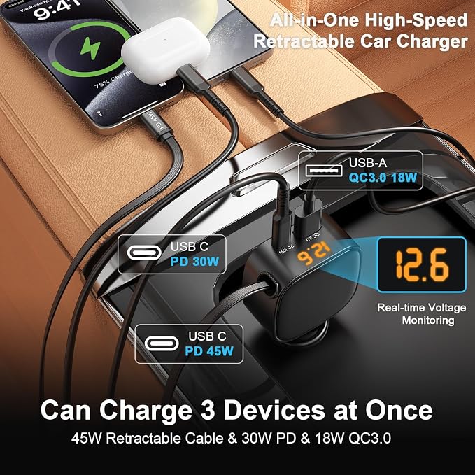 93W Retractable Car Charger, USB C Car Charger Fast Charging with PD PPS & QC 3.0, Multi Port Cigarette Lighter Adapter with Voltmeter for iPhone 17 16 15 Pro Max, Samsung S26/S25 iPad Pixel