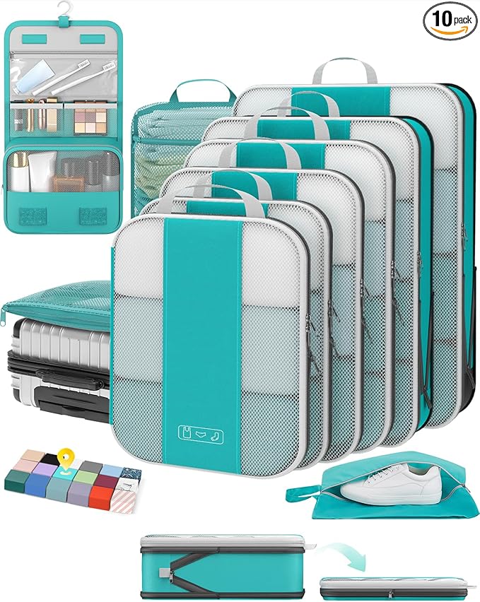 OlarHike 10-Pack Compression Packing Cubes for Travel Essentials,Compressible Expandable Packing Cubes for Suitcase,Luggage Garment Bags for Travel,Handy Helper for Organizing Clothes(Blue Green)