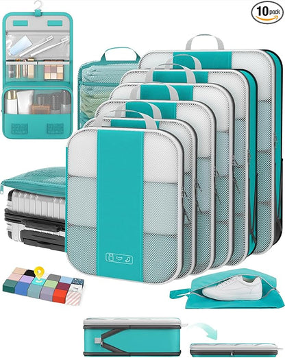 OlarHike 10-Pack Compression Packing Cubes for Travel Essentials,Compressible Expandable Packing Cubes for Suitcase,Luggage Garment Bags for Travel,Handy Helper for Organizing Clothes(Blue Green)