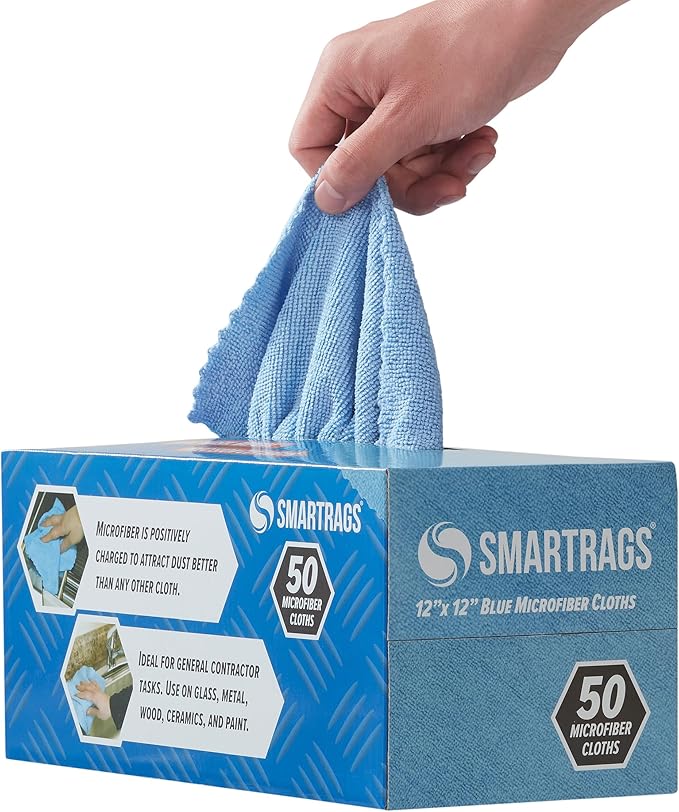 Arkwright Smart Rags Microfiber Cleaning Cloths, Pack of 50 in a Box, Lint Free 180 GSM Reusable Towels for Auto, Office and Household Cleaning, 12 x 12 in, Blue